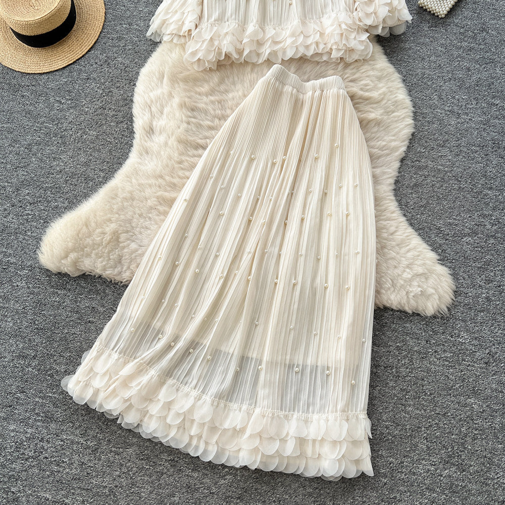 French chic ruffle-trimmed, beaded long-sleeve top and midi skirt set - autumn elegance for women