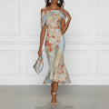 european and american women's summer new arrivals: elegant off-the-shoulder short sleeve printed maxi dress