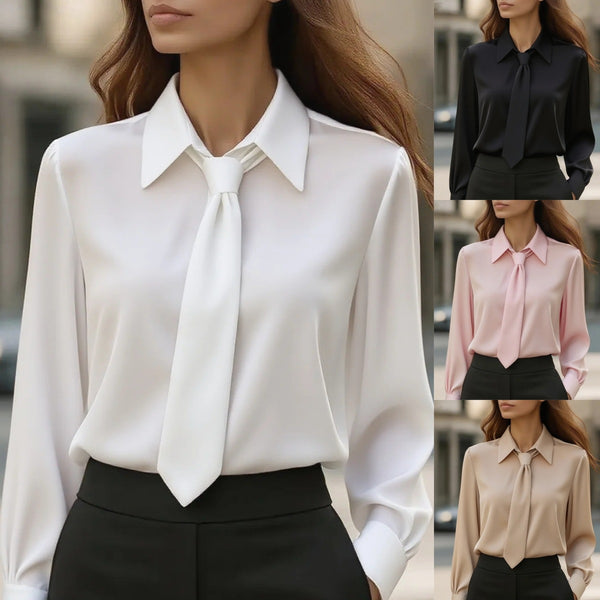 2025  Europe and the United States  new autumn solid color casual tie long sleeve French shirt blouse