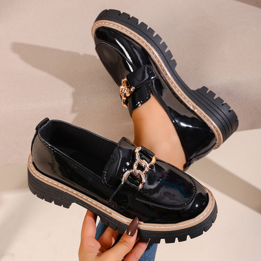 plus size british style metal chain low ankleflatsautumnew arrivalthick sole slip-on small leather shoes for women