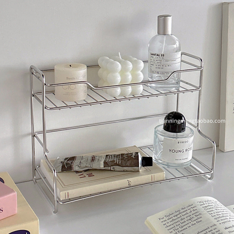 Multifunctional desktop vanity organizer - makeup storage, cup holder, tiered shelf, stainless steel storage rack