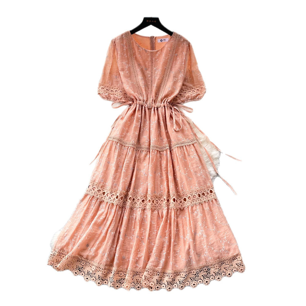 French chic a-line dress - women's summer korean style short sleeve waist-defining lace trim maxi dress