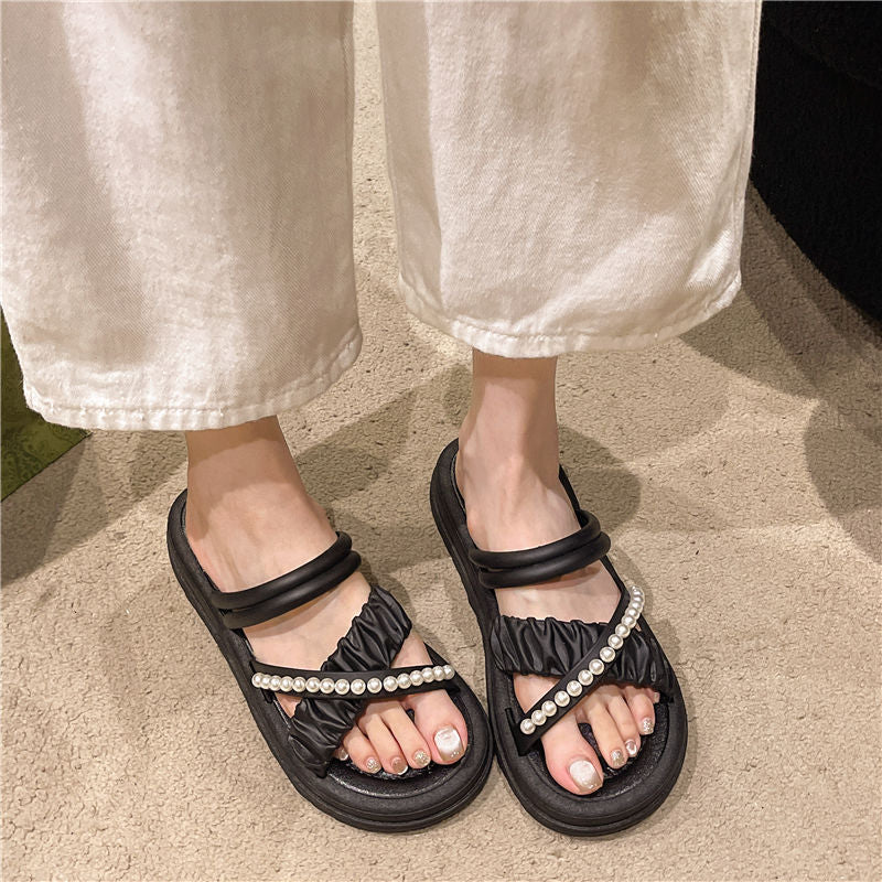 Platform chunky heel pearl slippers - two-way design, sweet & chic sandals for women, 2026 summer new arrivals, gentle pearl sandals