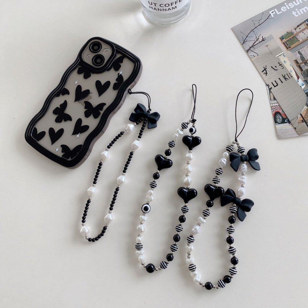 Minimalist crystal square electroplated heart bracelet with transparent star and bear charms, black and white bead phone case charm accessories