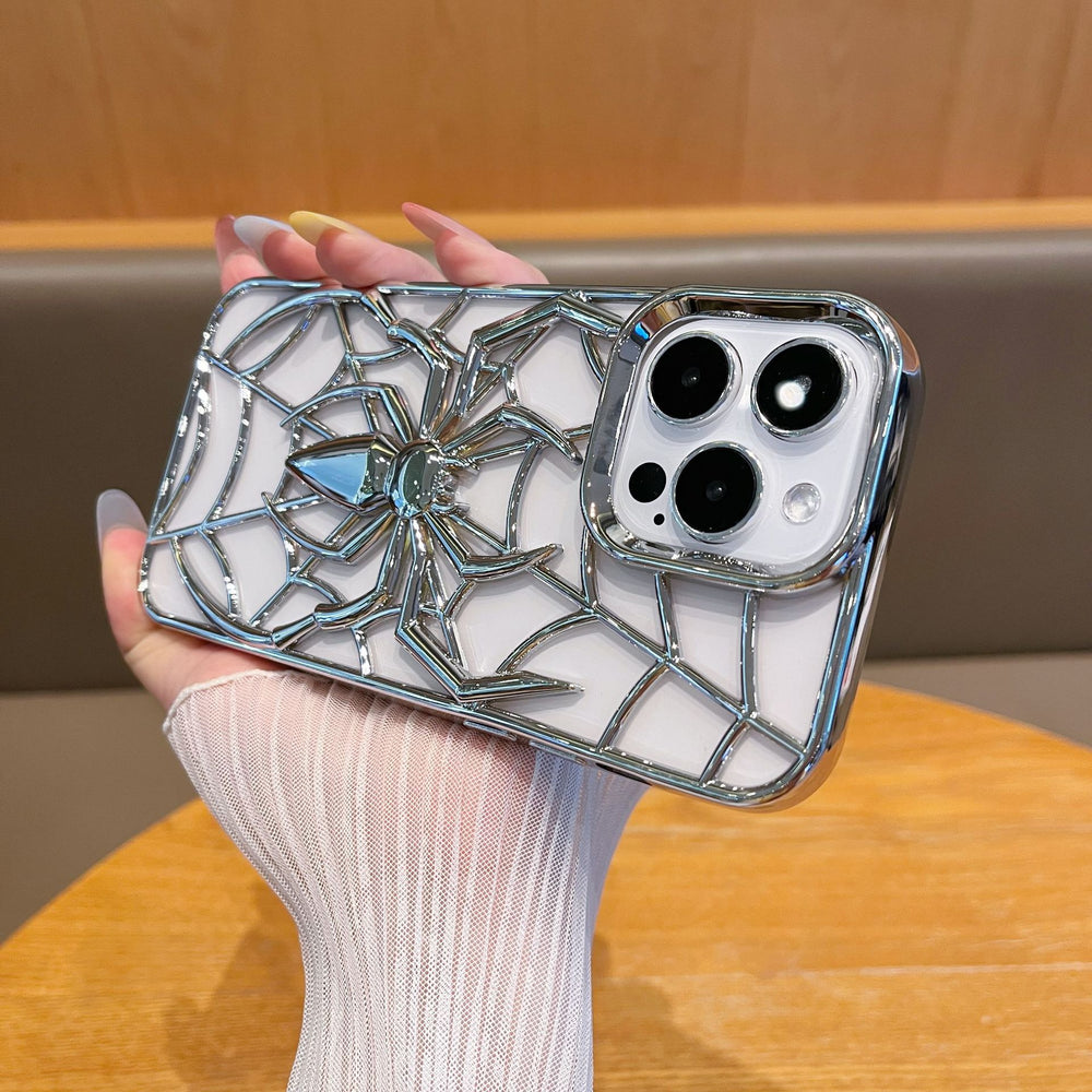 Fashionable 3d hollow electroplated spider design phone case for apple 17 pro max, iphone 13, export quality, 16mm drop protection