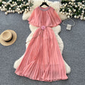 French fashion heavy industry diamond round neck shawl patchwork strap waist slimmingelegantpleated chiffon dress for women