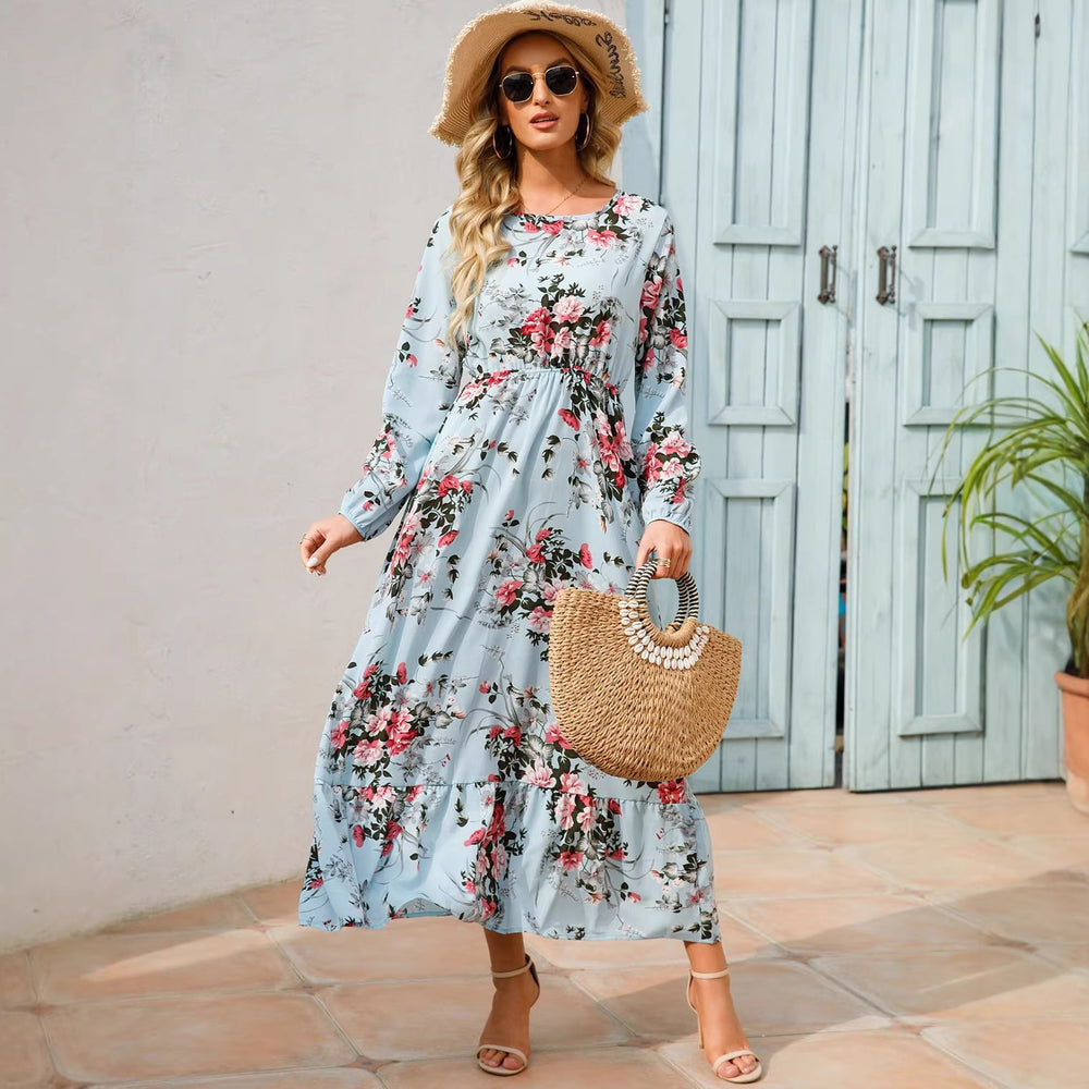 Shopee tk floral dress women's french round neck waist long light mature classysense slimming look cross-border early spring style