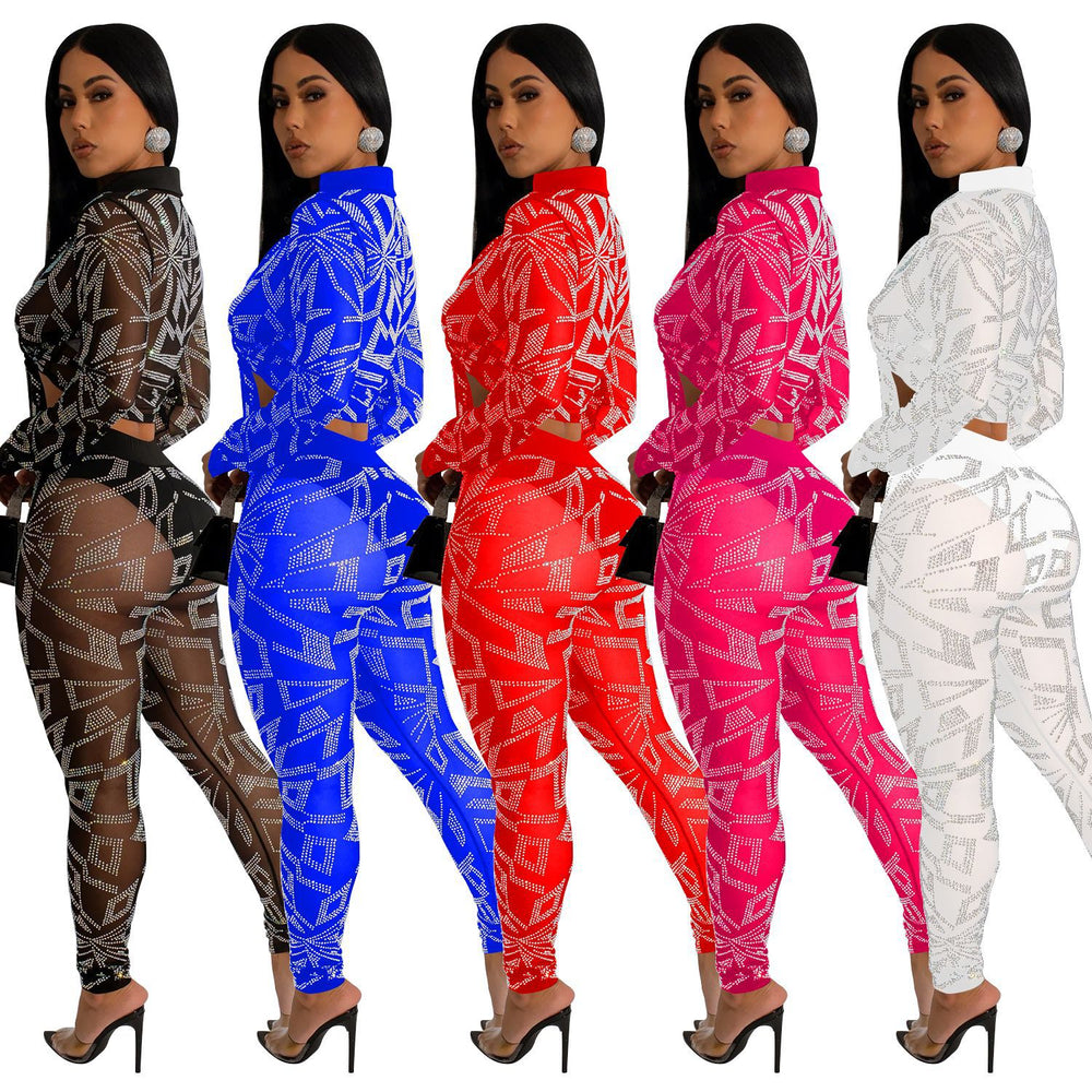 C6549 cross-border   fashion women's solid color mesh rhinestone long sleeve top and pants two-piece set