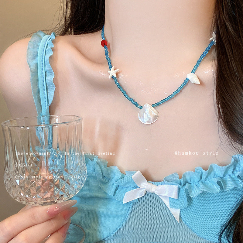 Seashell starfish blue beaded necklace - unique design, trendy clavicle chain, perfect for spring/summer beach getaways