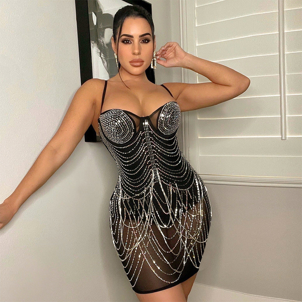 S390353 Cross-border  eBay Women's Elegant Sexy Halter Suspender Hot Diamond Dress Women's Chest Pad