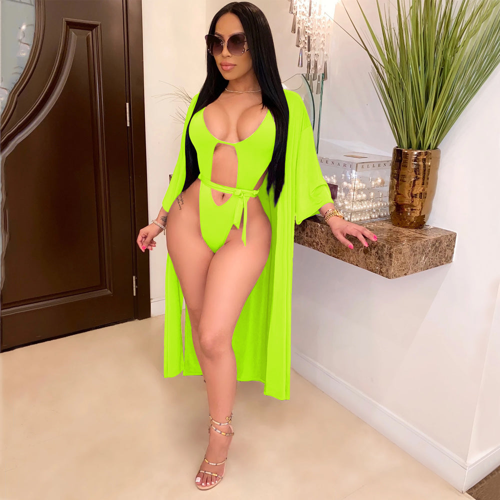 H3378 in stock special offer non-refundable and non-exchangeable european and american women's clothing pure colorsexy bikini one-piece swimsuit + jacket