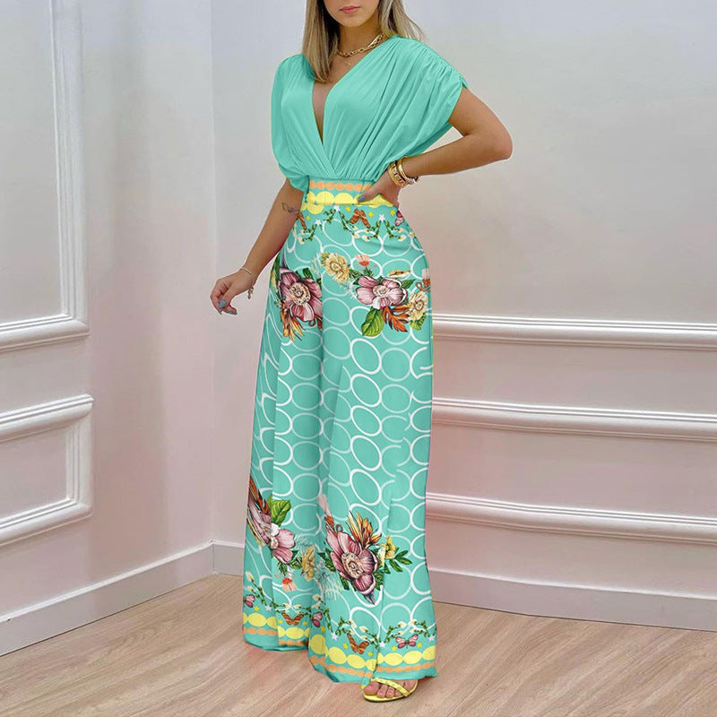 summer new women's clothing: cross-border european and american hot seller - printed batwing sleeve short-sleeve top, versatile and stylish set