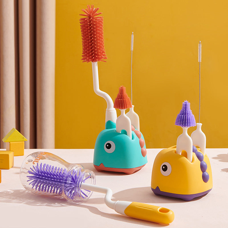 Baby cleaning brush set - includes cup brush, straw brush, storage box, base, silicone nipple brush, and bottle brush