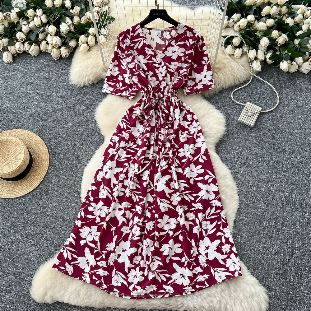 Frenchretrov neck drawstring waist short-sleeved printingdress women's summerslimming lookelegantretro over-the-knee long skirt