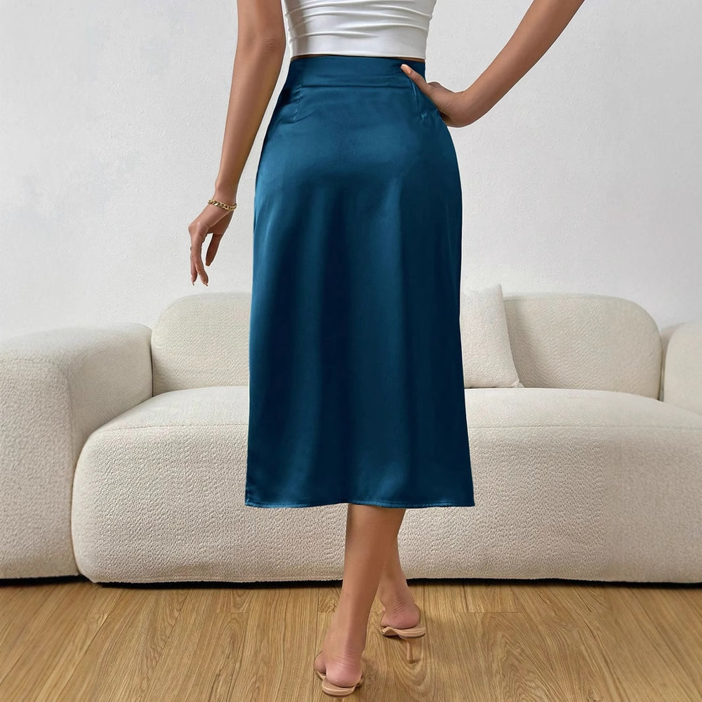 Women's fashion   european and american summer new satin midi skirt - pleated, slit, satin skirt wholesale