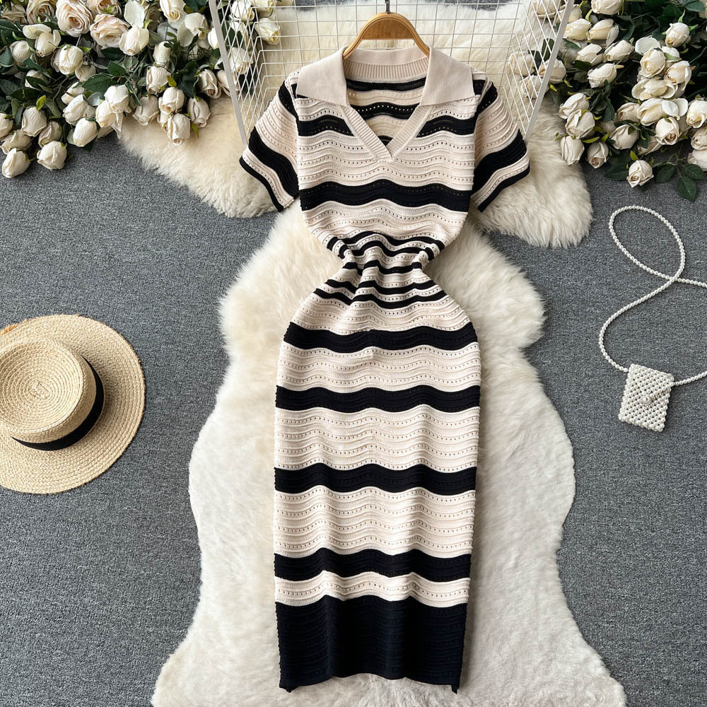 Polo collar short-sleeved stripesknittingdress women's summernew arrival hip-hugging slimming lookniche stylecut outv neck mid-length skirt