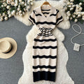 Polo collar short-sleeved stripesknittingdress women's summernew arrival hip-hugging slimming lookniche stylecut outv neck mid-length skirt