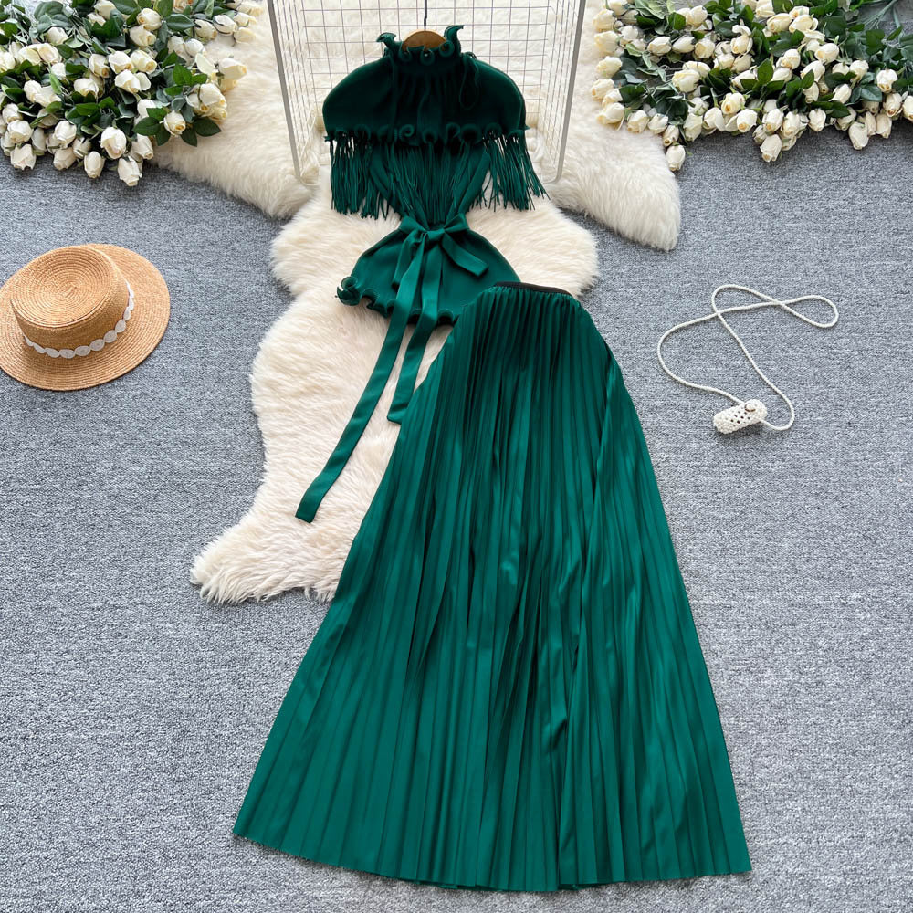 Miya pleated suit women's sense of design strappy waist tassel pleated topshigh waistpleated skirttwo-piece set