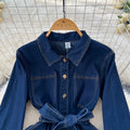 Exportretrofashion lapel long sleeves denim dress women's tie back waist single breasted a-line knee length skirt dress