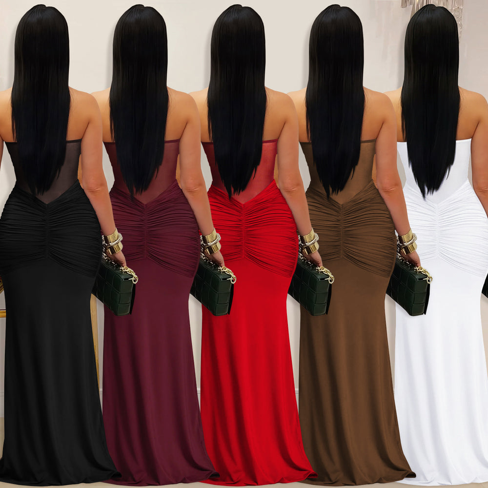 C7608 cross-border   fashion women's sexy see-through mesh halter tie-up dress