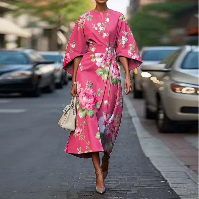 summer new arrivals: european and american style women's fashion - elegant printed midi dress with three-quarter sleeves