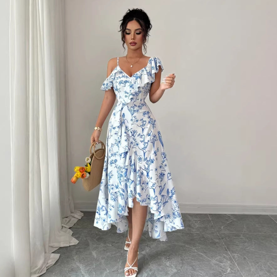 & independent store hot-selling printed ruffle-trimmed short-sleeve dress
