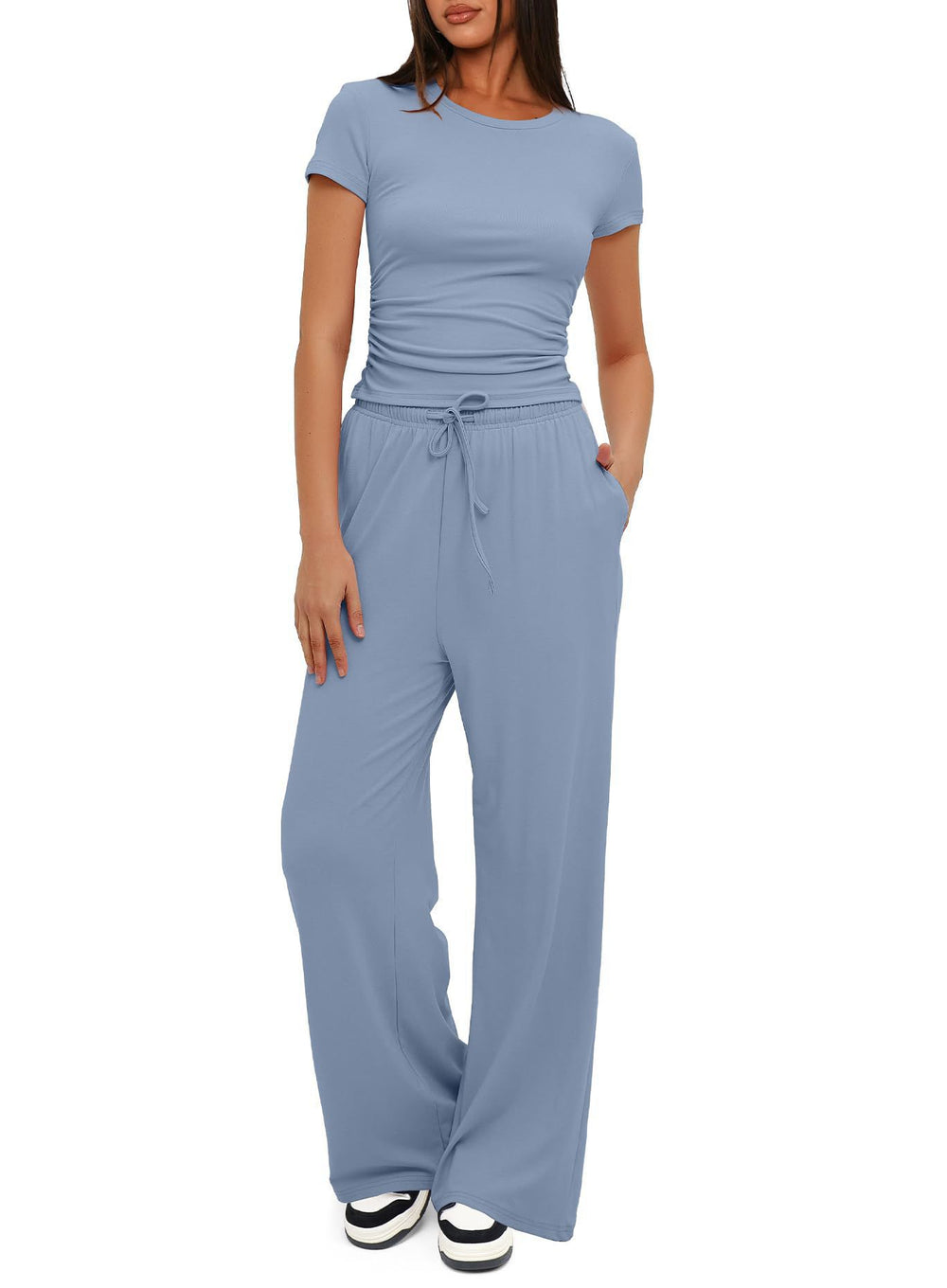 2024 european and american amazon new arrival: solid color casual set - ruched short sleeve top & high-waisted wide leg pants tracksuit