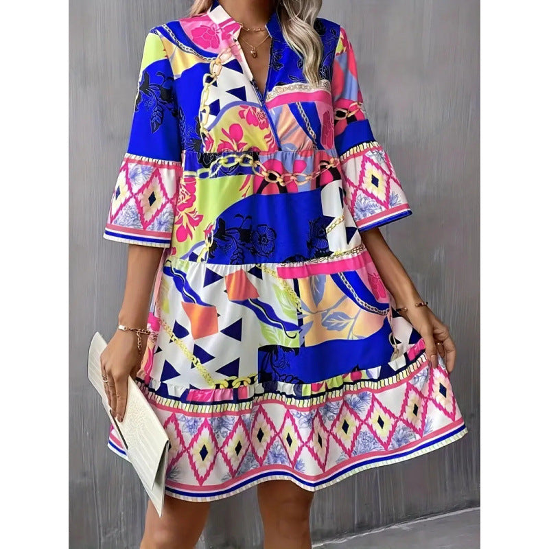 Shipped: new  european and american style independent website cross-border fashion - pleated sleeve, printed bell sleeve, ruffle hem
