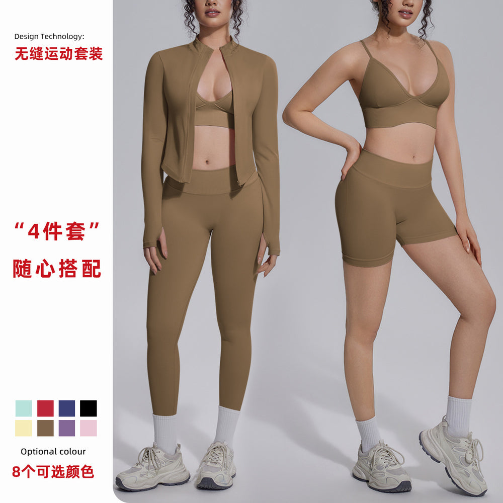New seamless solid color high-stretch yoga set - 4 piece activewear for running, fitness, and yoga