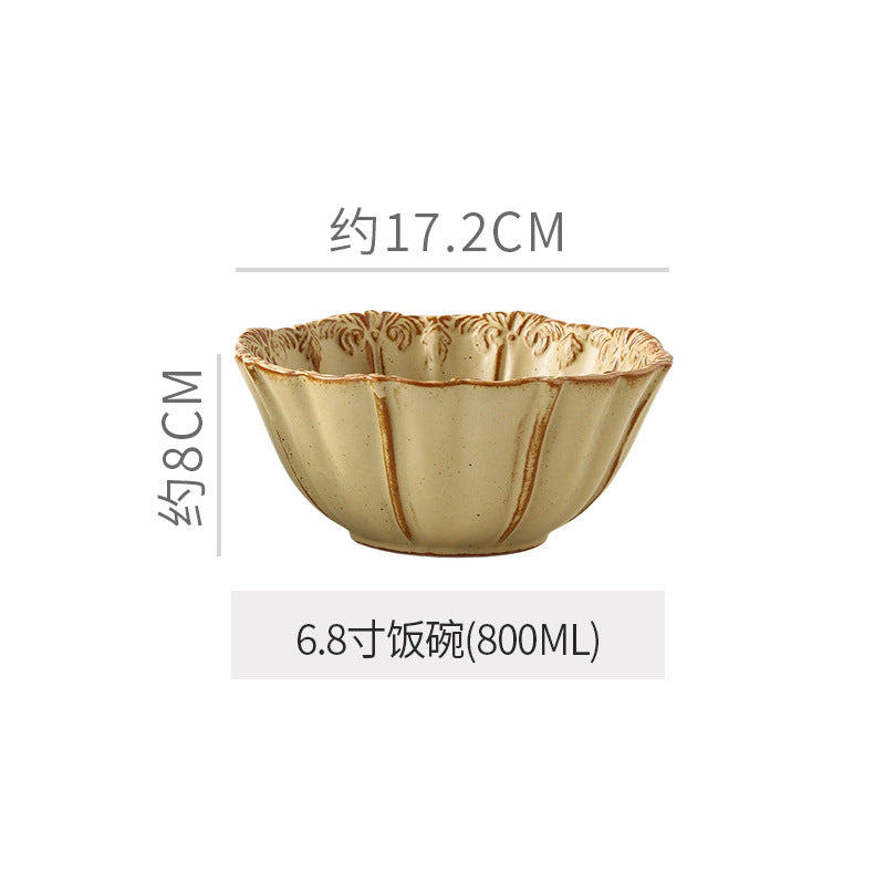 Embossed retro ceramic dinnerware set - french-inspired plates, high-end steak plates, dessert bowls, and rice bowls for home use
