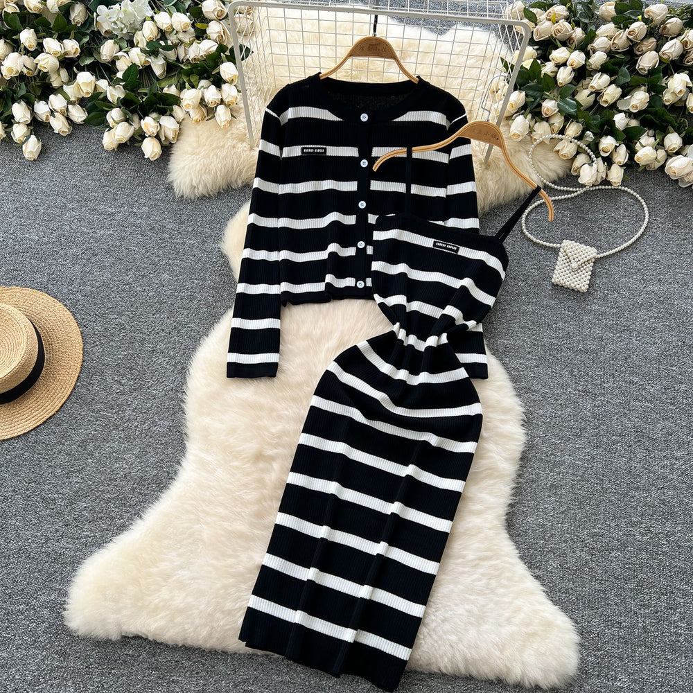 Elegant two-piece set: figure-flattering knit cami dress + long-sleeve striped cardigan