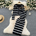 Elegant two-piece set: figure-flattering knit cami dress + long-sleeve striped cardigan