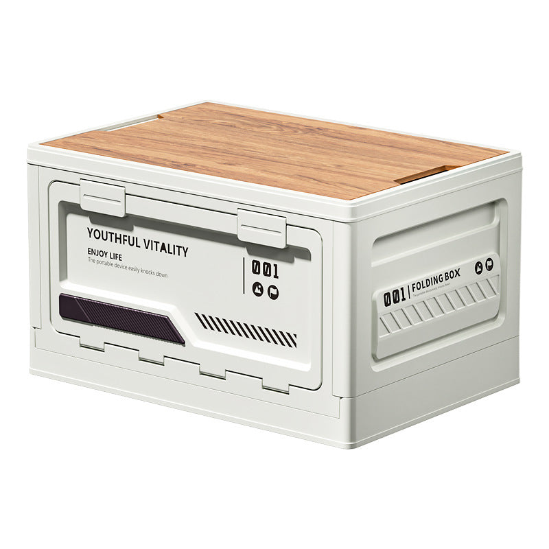 Collapsible storage box for outdoor camping, car trunk, and multi-purpose use - wooden lid organizer