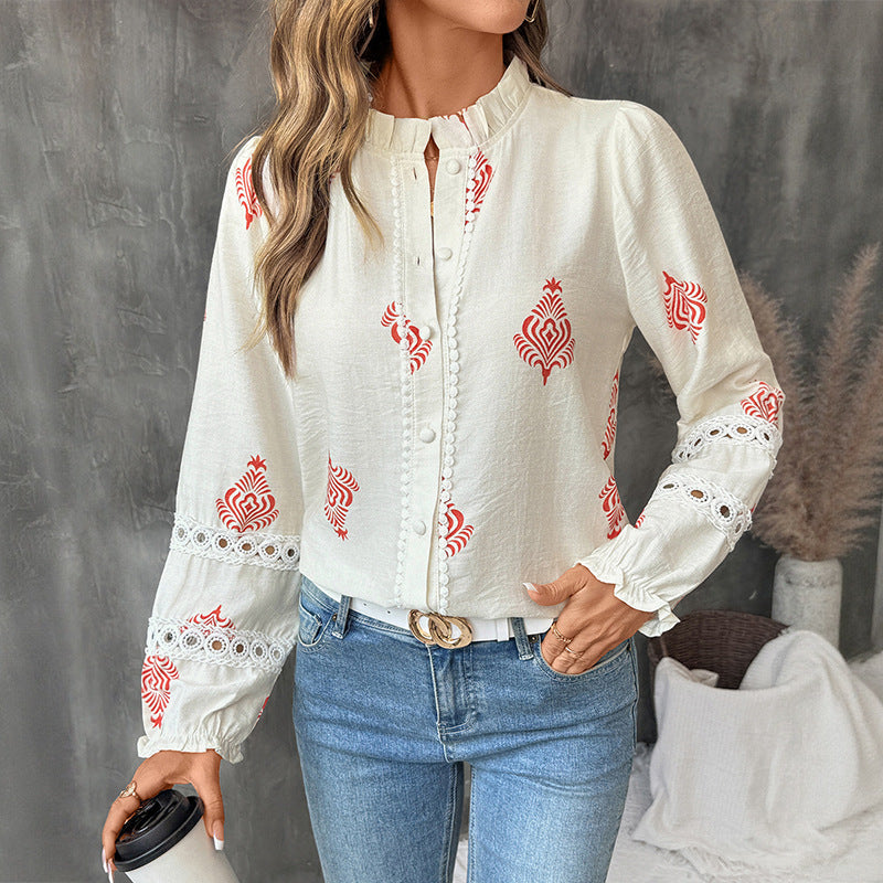 European   2025 new autumn top single-breasted cardigan stand-up collar ethnic style printed shirt women