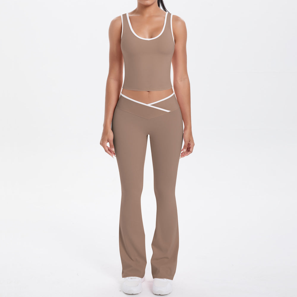 Contrast colorpatchwork nude cross high waist micro flare yoga wear tight quick-drying beautiful back sports suit running fitness wear