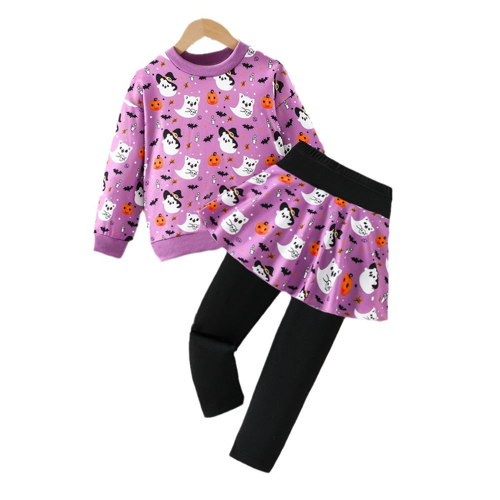 halloween girls' sweatshirt & pleated skirt pants set - purple pumpkin & little ghost design - kids' holiday two-piece outfit