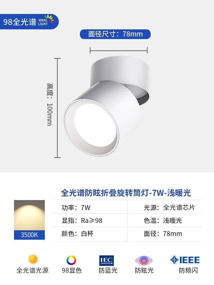Full spectrum surface mounted downlight spotlight - no drilling, adjustable angle, bedroom ceiling light, folding hallway light, small light for home entrance