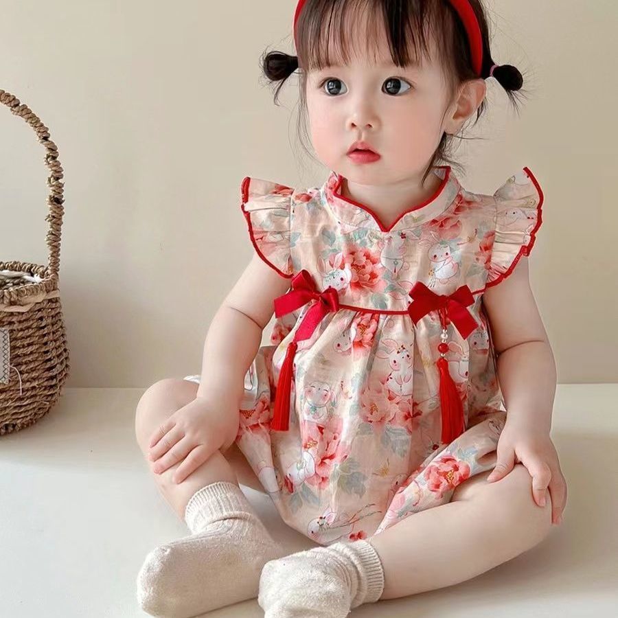 Summer baby chinese style clothes for baby girls with flying sleeves and triangle climbing clothes for girls to go out and cover their buttocks, sister outfits