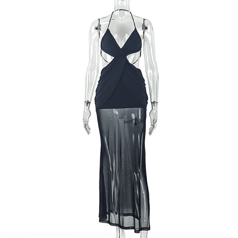 Fashion style export hot sexy women's backless pleated hip skirt halter wrap chest cross pure color long dress