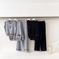 new arrival: letter print sleeveless pullover knit top, cardigan jacket, and casual wide-leg pants three-piece set for women