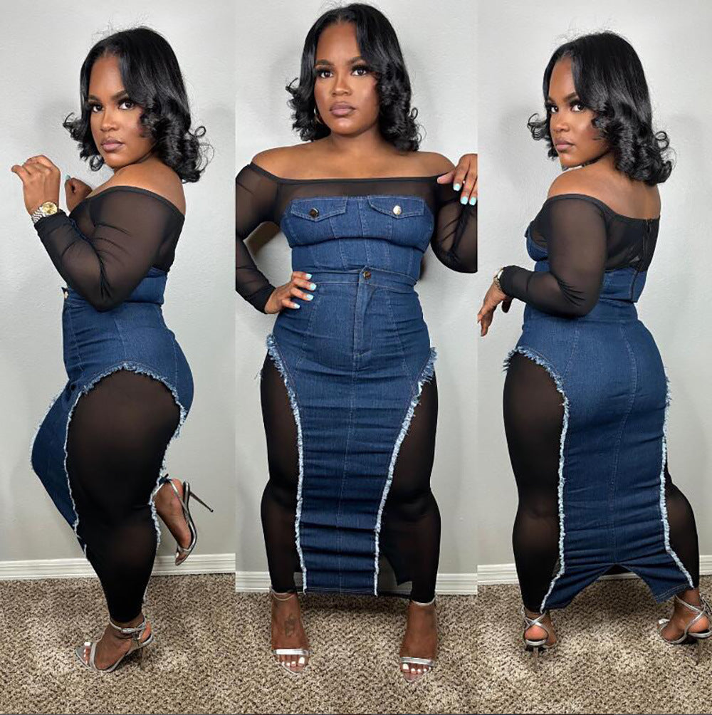 European and american cross-border women's fashion  autumn new sexy hot girl mesh see-through top denim bodycon skirt set