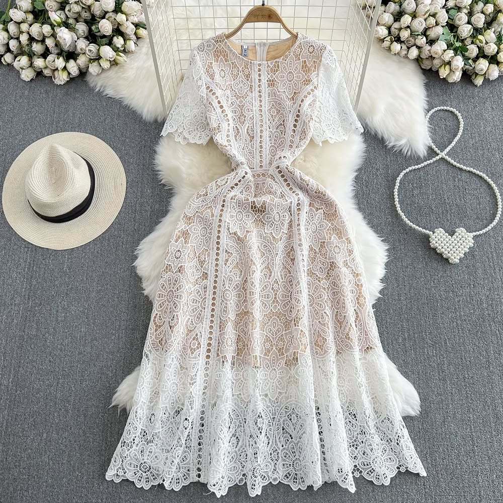 Niche styleretroclassy round neck lotus leaf sleeve lacedress female summernew arrivalslimming lookeleganceelegance long skirt