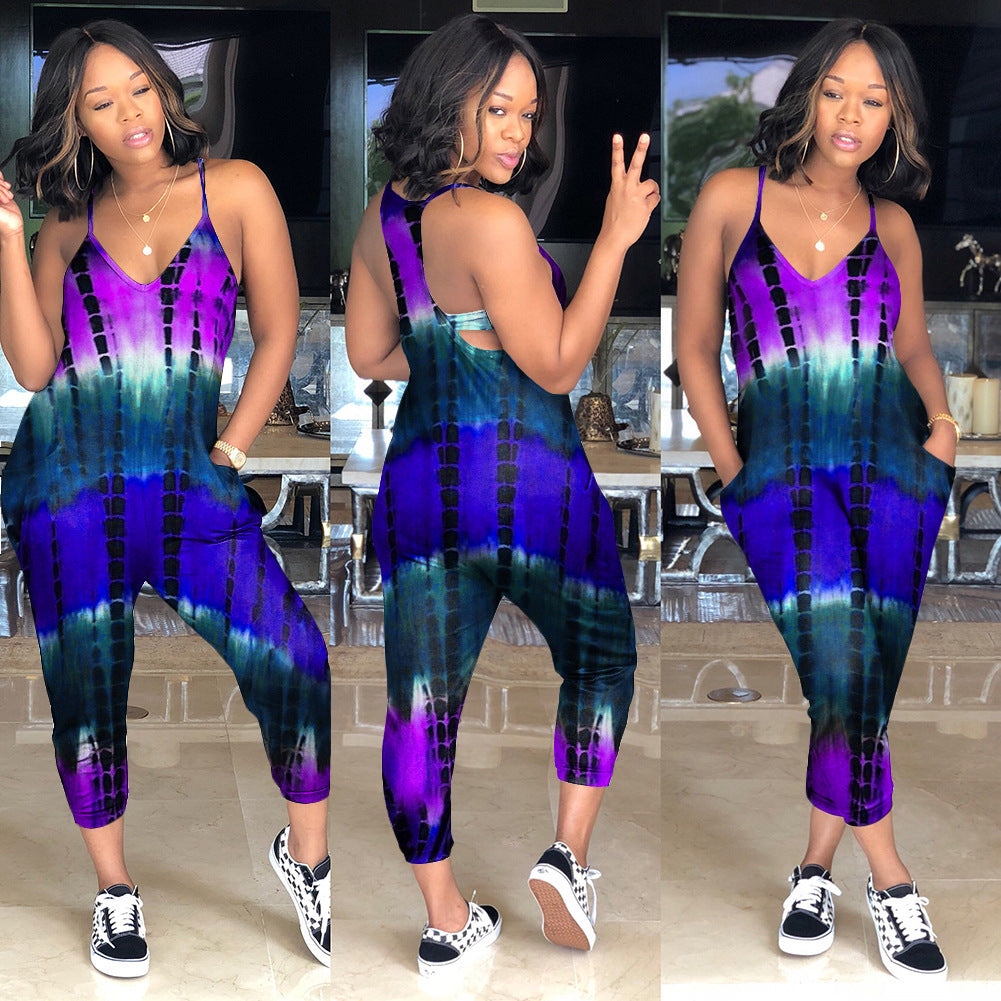 S390140 European and American summer wholesale casual off-the-shoulder hollow printing suspender jumpsuit fashion pencil pants women