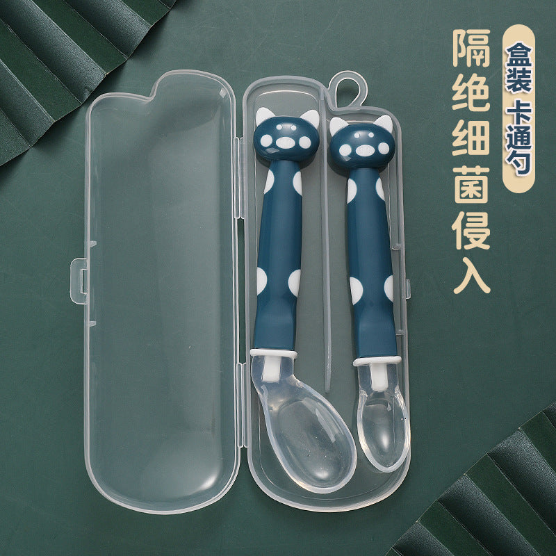 Baby cartoon spoon set, silicone soft head spoon, elbow spoon combination, baby tableware pp box.