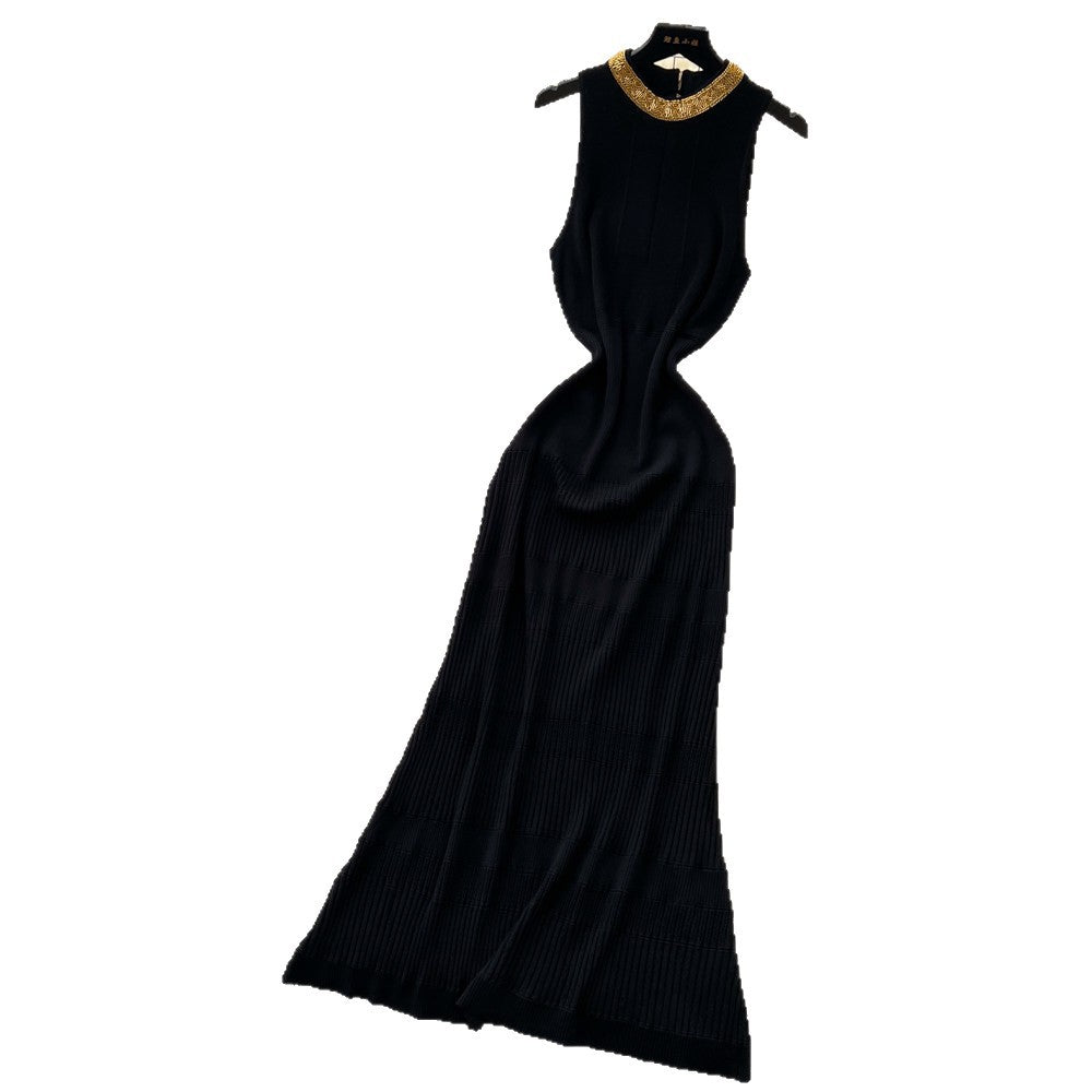 Qianjin wind sleeveless knitting silmdress women's summer k-style cut out breathablehigh waistslimming lookelegant long skirt
