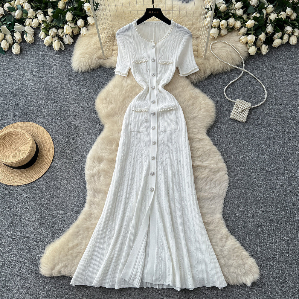French chic single-breasted knit dress - women's summer short sleeve cutout slim fit elegant maxi dress
