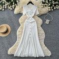 French chic single-breasted knit dress - women's summer short sleeve cutout slim fit elegant maxi dress