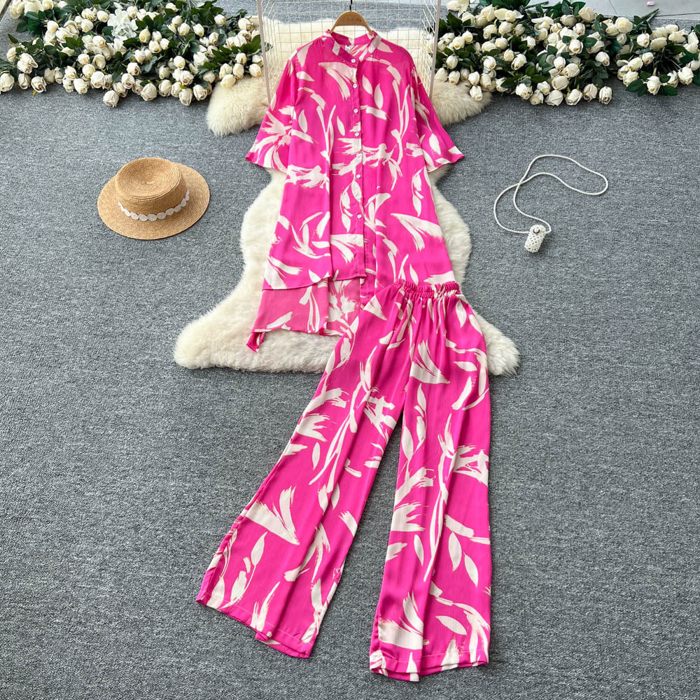 Fashionfashionablesuit women's summer young lady styleasymmetrical medium long printingshirthigh waistloose pantssuit