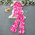 Fashionfashionablesuit women's summer young lady styleasymmetrical medium long printingshirthigh waistloose pantssuit