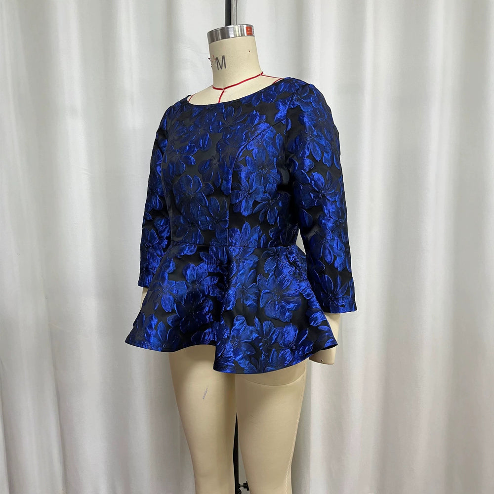 Autumnew arrivalsense of design round neck tops three-quarter sleeves waist jacquard ruffle banquet work clothingeasiest for matchshirt